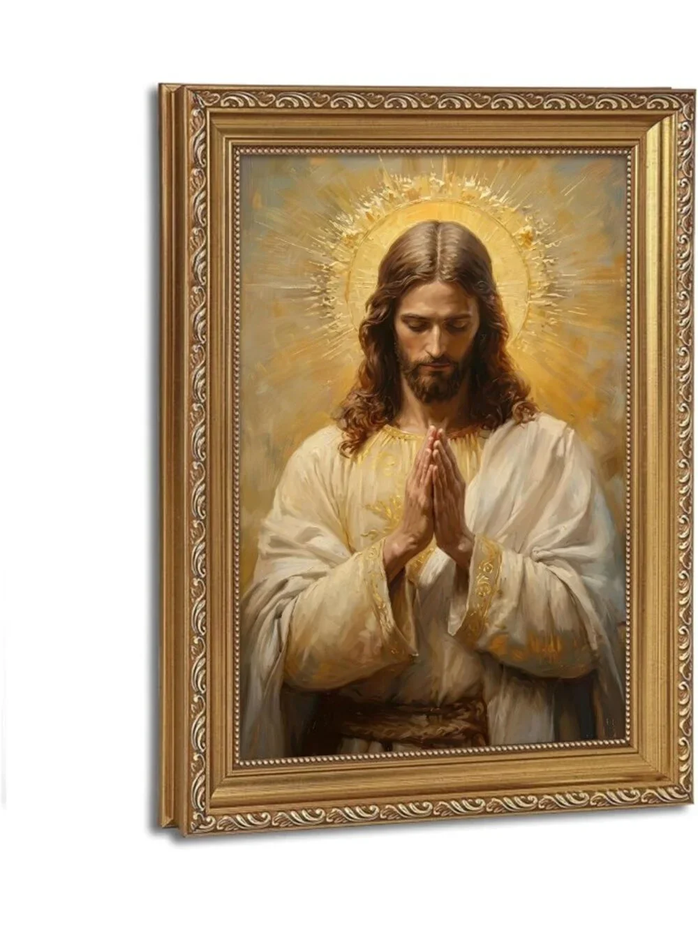 Vintage Jesus Christ Praying Wall Art - Gold Framed Christian Oil Print, 9x11